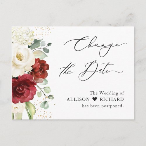 Change the Date Script Red White Floral Eucalyptus Postcard