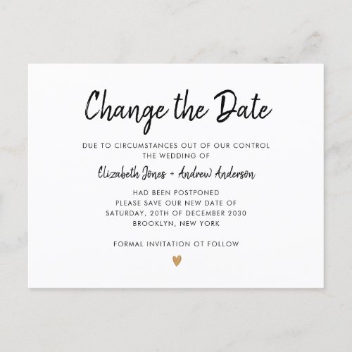 Change the Date Script Simple Champagne Gold Heart Announcement Postcard