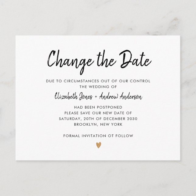 Change the Date Script Simple Champagne Gold Heart Announcement Postcard (Front)