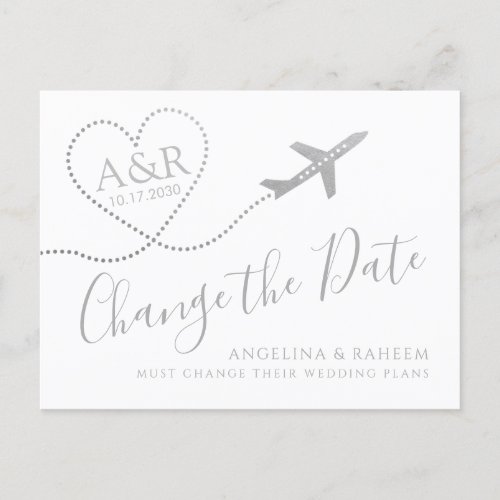 Change the Date Silver Travel Destination Wedding Announcement Postcard