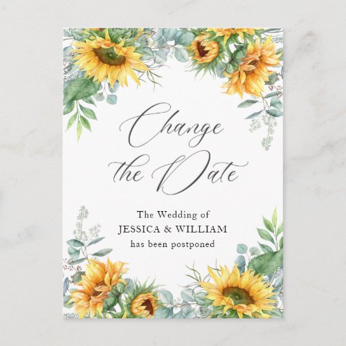 Change the Date Sunflowers Eucalyptus Wedding Postcard