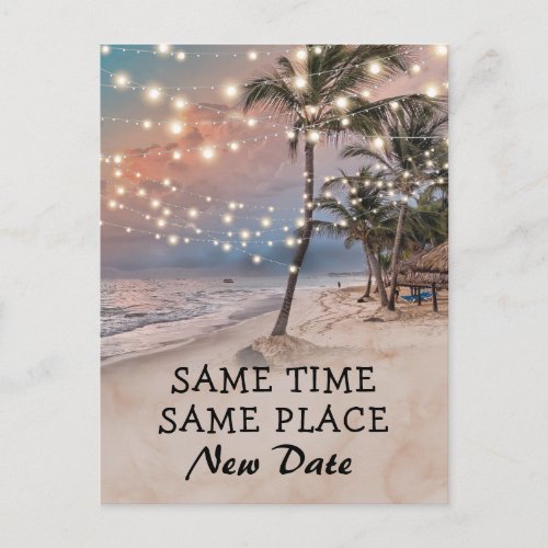 Change The Date Tropical Beach Lights Announcement Postcard