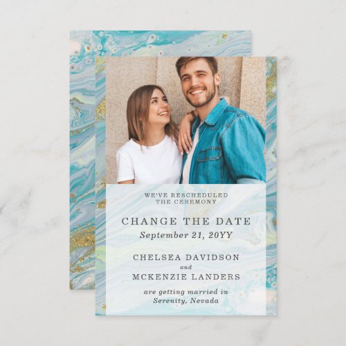 Change The Date Turquoise Gold Marble Wedding Card