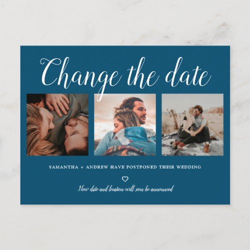 Change the date typography blue 3 photo grid announcement postcard