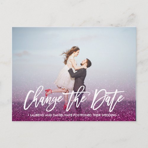 CHANGE THE DATE typography Glitter Purple photo Announcement Postcard