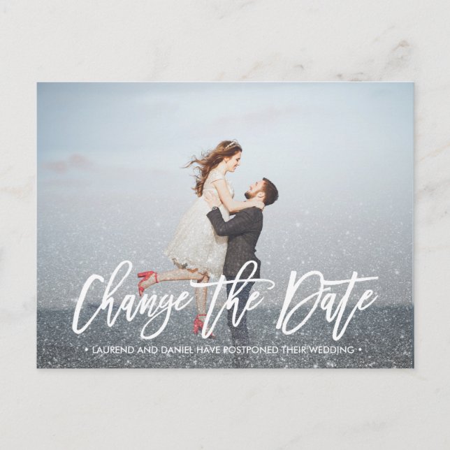 CHANGE THE DATE typography Glitter silver photo Announcement Postcard (Front)