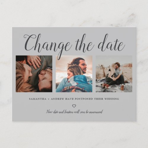 Change the date typography gray 3 photo grid announcement postcard