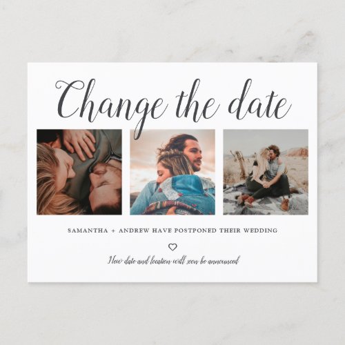 Change the date typography trendy 3 photo grid announcement postcard
