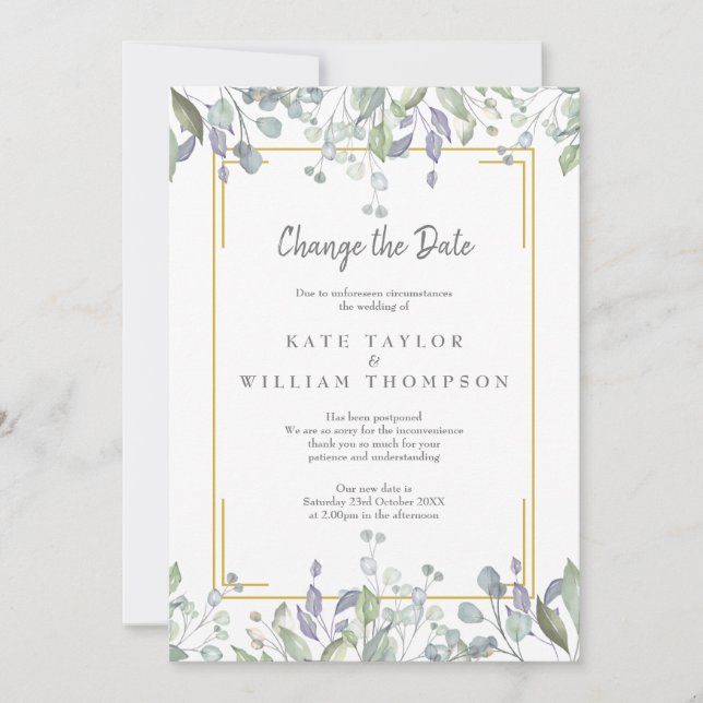 Change the Date Watercolour Greenery Floral Save The Date (Front)