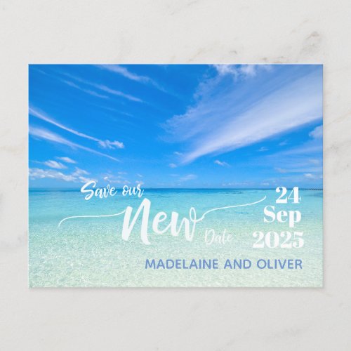 Change The Date Wedding Beach Blue Summer Announcement Postcard