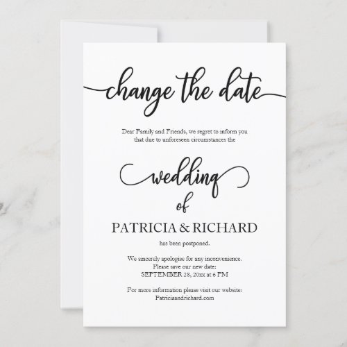 Change The Date Wedding Postponed Black Script Invitation