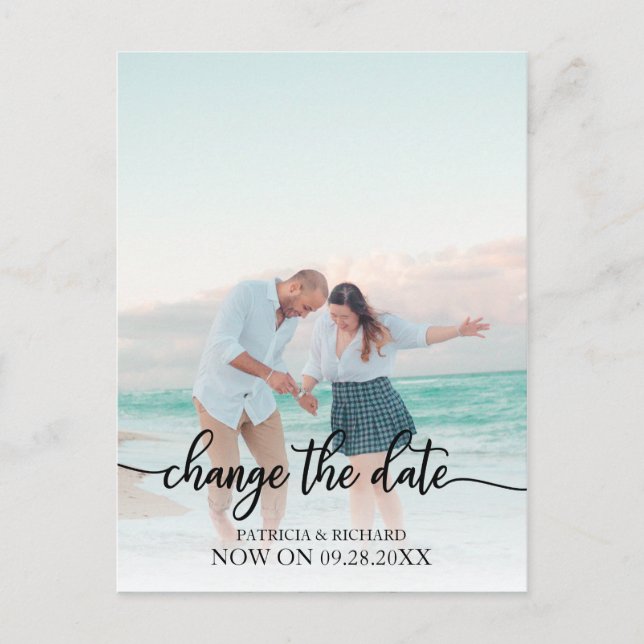 Change The Date Wedding Postponed Black Script Postcard (Front)