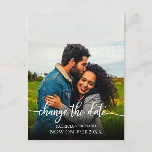 Change The Date Wedding Postponed Elegant  Script Postcard