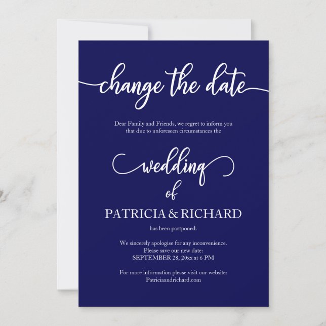 Change The Date Wedding Postponed Navy Blue Invitation (Front)