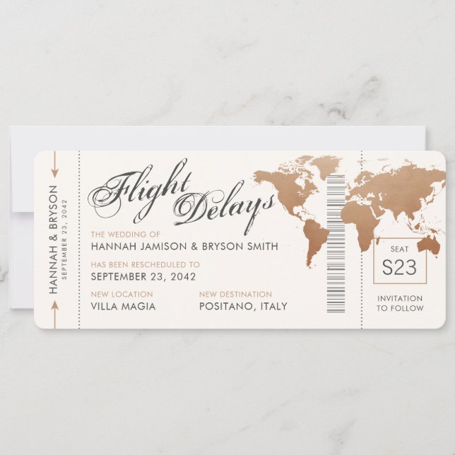 Change the Date World Map Boarding Ticket Wedding Announcement (Front)