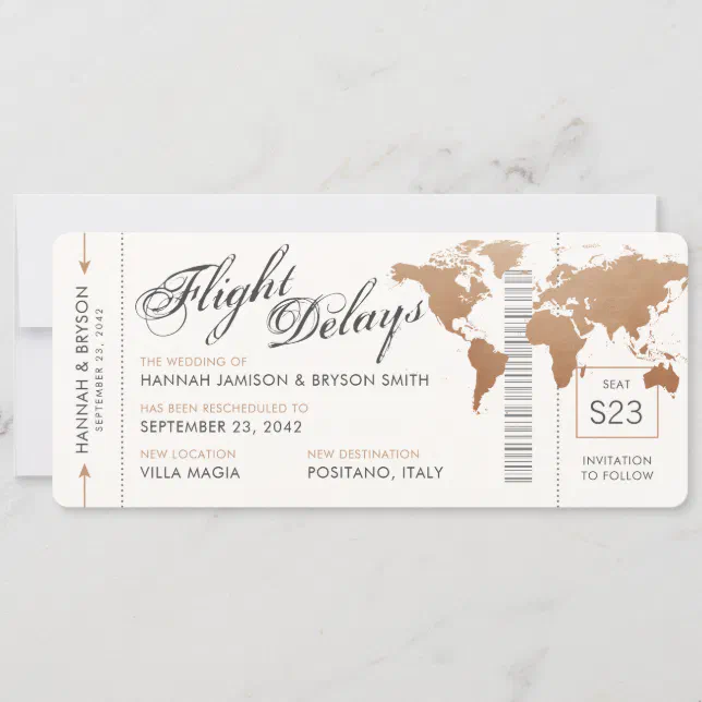 Change the Date World Map Boarding Ticket Wedding Announcement | Zazzle