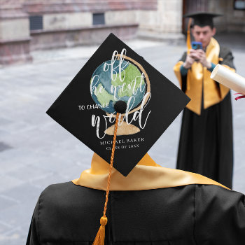 Change The World | Earth Globe Custom Monogram Graduation Cap Topper by IYHTVDesigns at Zazzle