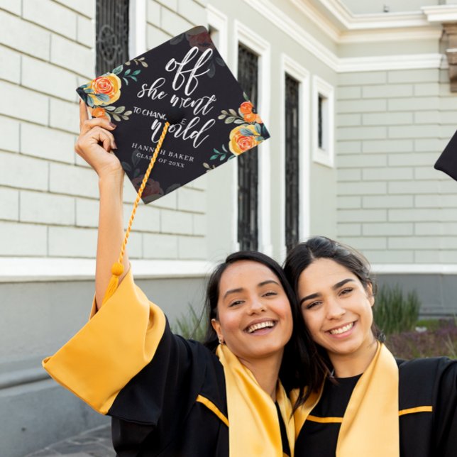 Change the World | Floral Wreath Custom Monogram Graduation Cap Topper (Creator Uploaded)