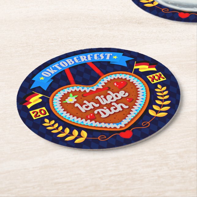Change Year Octoberfest 20xx Ich Liebe Dich  Round Paper Coaster (Angled)