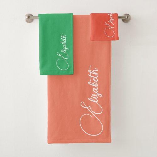 Changeable Colors Salmon Orange Green Script Name Bath Towel Set