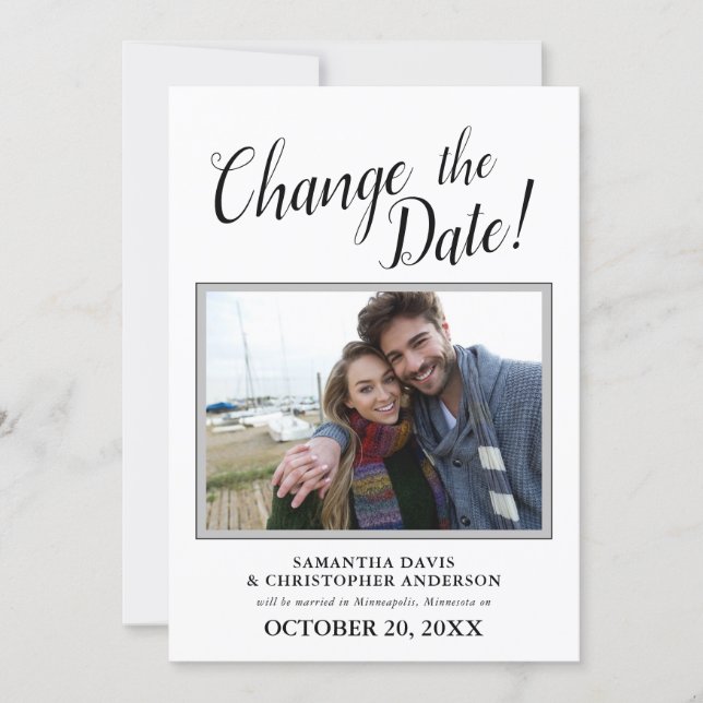 Changed The Date Photo Calligraphy Wedding Invitation (Front)