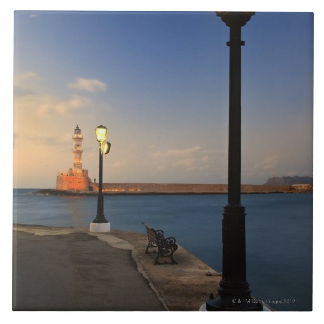 Chania Harbor and Venetian lighthouse at sunset Tile (Front)