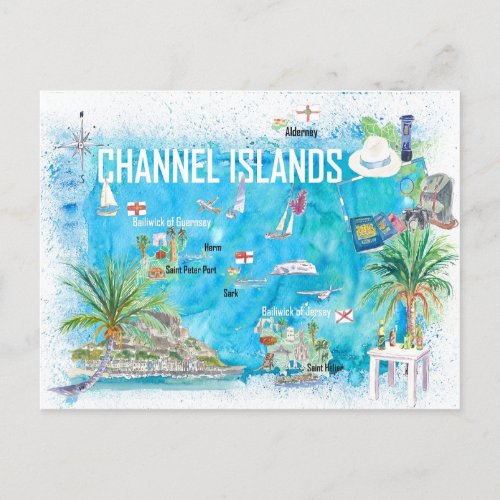 Channel Islands Guernsey Jersey Alderney Map Postcard