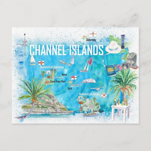 Channel Islands Guernsey Jersey Alderney Map Postcard (Front)
