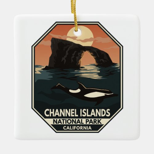 Channel Islands National Park Dolphin Retro Emblem Ceramic Ornament