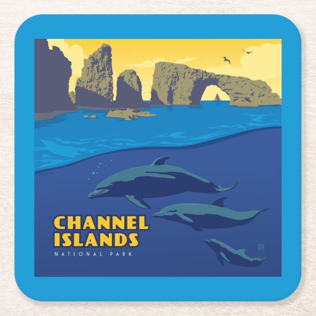 Channel Islands National Park Dolphins Square Paper Coaster (Front)