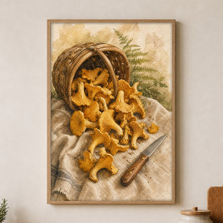 Chanterelles in a Berry Basket Watercolour Poster