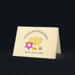Chanukah Blessings | BARUCH ATAH ADONAI | Hanukkah Card<br><div class="desc">Stylish, modern CHANUKAH Greeting Card. Design shows a gold colored MENORAH with multicolored STAR OF DAVID and silver gray DREIDEL. At the top there is curved text which says CHANUKAH BLESSINGS and underneath the text reads BARUCH ATAH, ADONAI (Blessed are You, O God). On the inside, there is another menorah...</div>