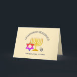 Chanukah Blessings | BARUCH ATAH ADONAI | Hanukkah Card<br><div class="desc">Stylish, modern CHANUKAH Greeting Card. Design shows a gold colored MENORAH with multicolored STAR OF DAVID and silver gray DREIDEL. At the top there is curved text which says CHANUKAH BLESSINGS and underneath the text reads BARUCH ATAH, ADONAI (Blessed are You, O God). On the inside, there is another menorah...</div>
