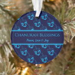 CHANUKAH BLESSINGS Customized Dreidel Blue Cyan Ornament<br><div class="desc">Stylish, elegant ornament for your HANUKKAH decor. Design shows a cyan dreidel print in a tiled pattern with customizable placeholder text which you can replace with your own choice of greeting and text. The color scheme is midnight blue and cyan. Other versions are available. Matching items can be found in...</div>