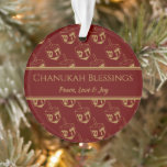 CHANUKAH BLESSINGS Customized Dreidel Burgundy Ornament<br><div class="desc">Stylish, elegant ornament for your HANUKKAH decor. Design shows a gold-colored dreidel print in a tiled pattern with customizable placeholder text which you can replace with your own choice of greeting and text. The color scheme is burgundy and gold. Other versions are available. Matching items can be found in the...</div>