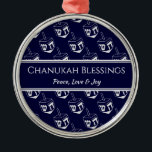 CHANUKAH BLESSINGS Customized | Dreidel GRAY Metal Ornament<br><div class="desc">Stylish, elegant ornament for your HANUKKAH decor. Design shows a SILVER GRAY dreidel print in a tiled pattern with customizable placeholder text which you can replace with your own choice of greeting and text. The color scheme is midnight blue and SILVER GRAY. Other versions are available. Matching items can be...</div>