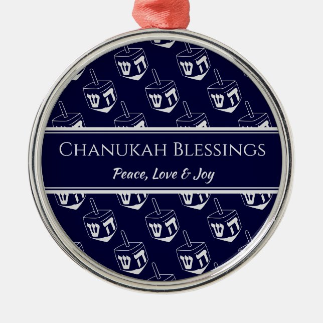 CHANUKAH BLESSINGS Customized | Dreidel GRAY Metal Ornament (Front)