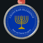 CHANUKAH BLESSINGS | Menorah | Hanukkah Metal Ornament<br><div class="desc">Stylish Cobalt Blue CHANUKAH BLESSINGS Metal Ornament with faux silver Star of David in a tiled pattern in the background, and a faux gold menorah at the center. The text reads CHANUKAH BLESSINGS FROM OUR HOME TO YOURS and is CUSTOMIZABLE, so you can amend the message as desired, or replace...</div>