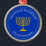 CHANUKAH BLESSINGS | Menorah | Hanukkah Metal Ornament<br><div class="desc">Stylish Cobalt Blue CHANUKAH BLESSINGS Metal Ornament with faux silver Star of David in a tiled pattern in the background, and a faux gold menorah at the center. The text reads CHANUKAH BLESSINGS FROM OUR HOME TO YOURS and is CUSTOMIZABLE, so you can amend the message as desired, or replace...</div>