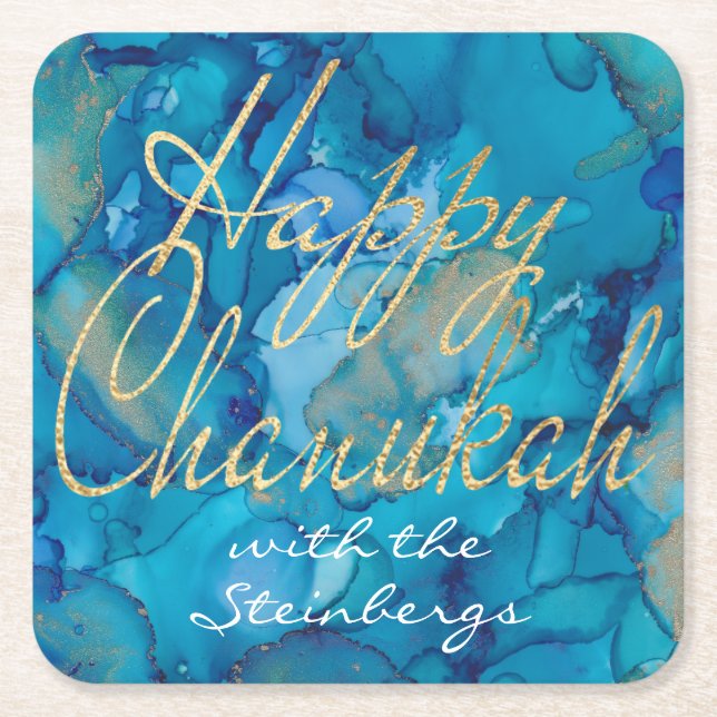 Chanukah Blue Gold Square Paper Coaster (Front)