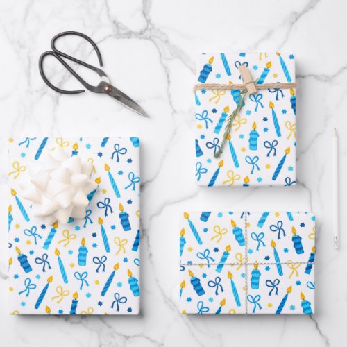 Chanukah Candles Burning White Blue Gold Wrapping Paper Sheets