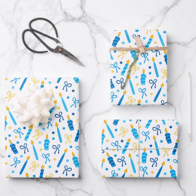 Chanukah Candles Burning White Blue Gold Wrapping Paper Sheets (Front)