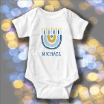 Chanukah Cute Personalized Menorah Rainbow  Baby B Baby Bodysuit<br><div class="desc">Personalize this Baby's First Chanukah Rainbow Menorah Chanukah. Hanukkah Baby Bodysuit. The popular Rainbow design that flips over to become a cheerful Hanukkah/ Chanukah menorah on the Reverse is sure to make everyone smile! This adorable gift is a fun way to celebrate a new baby and the Holiday of Hanukkah....</div>