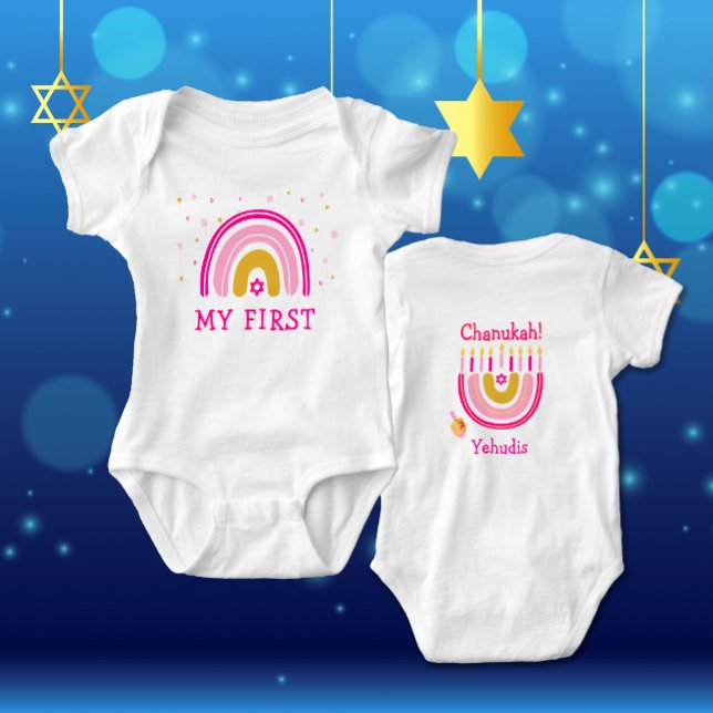 Chanukah Cute Personalized Menorah Rainbow  Baby Bodysuit (Creator Uploaded)