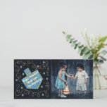 Chanukah Dreidel Pinwheel Holiday Card<br><div class="desc">Happy Holiday, Hanukkah/Chanukah Photo Card, "Dreidel Pinwheel" Glossy, Photo Card with white envelope. Personalize by replacing photo and wording, "Happy Chanukah! Much Love, The Blumbergs" Customize wording by choosing your favorite font style, color, and size. Readjust, resize and reword to customize design elements, photo, dark rectangle and message. Background color...</div>