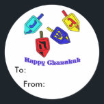 Chanukah Dreidels Classic Round Sticker<br><div class="desc">A Happy Chanukah gift featuring 4 dreidels with Hebrew letters which represent A Great Miracle Happened There!</div>