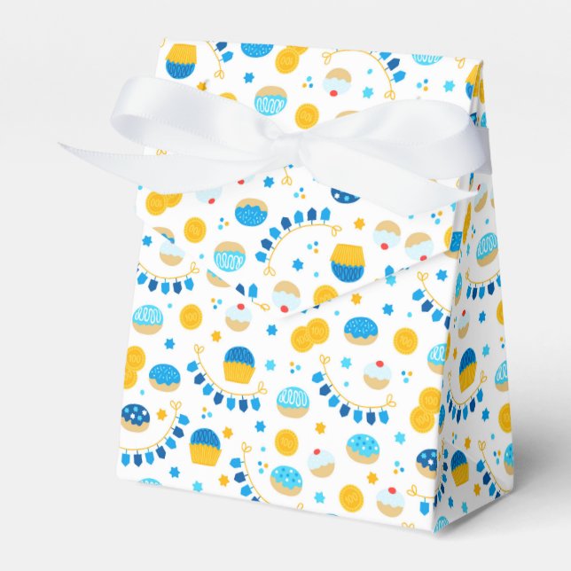 Chanukah Dreidels Doughnuts Gold Blue White Favor Boxes (Front Side)