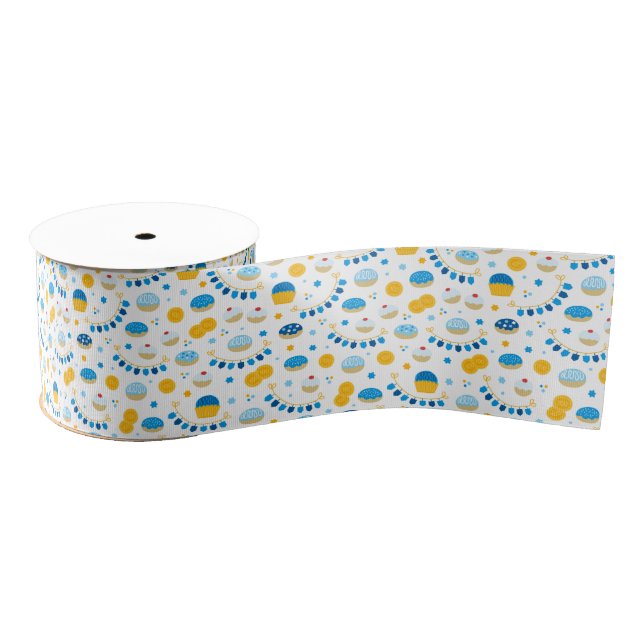 Chanukah Dreidels Doughnuts Gold Blue White Grosgrain Ribbon (Spool)