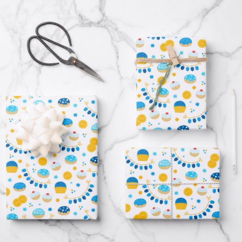 Chanukah Dreidels Doughnuts Gold Blue White Wrapping Paper Sheets