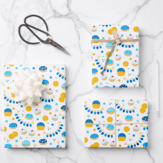 Chanukah Dreidels Doughnuts Gold Blue White Wrapping Paper Sheets (Front)